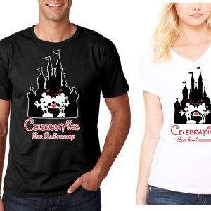 Celebrating Our Anniversary at Disney castle with custom year couples matching valentine family matching tshirt