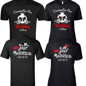 Celebrating Our Wedding at Disney with just married on back with customized date family matching tshirt