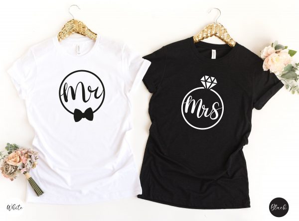 Mr And Mrs T-Shirt | Matching Couple Shirts | Just Married T-Shirt | Wife And Hubs T-Shirt | Ring & Tie T-Shirt